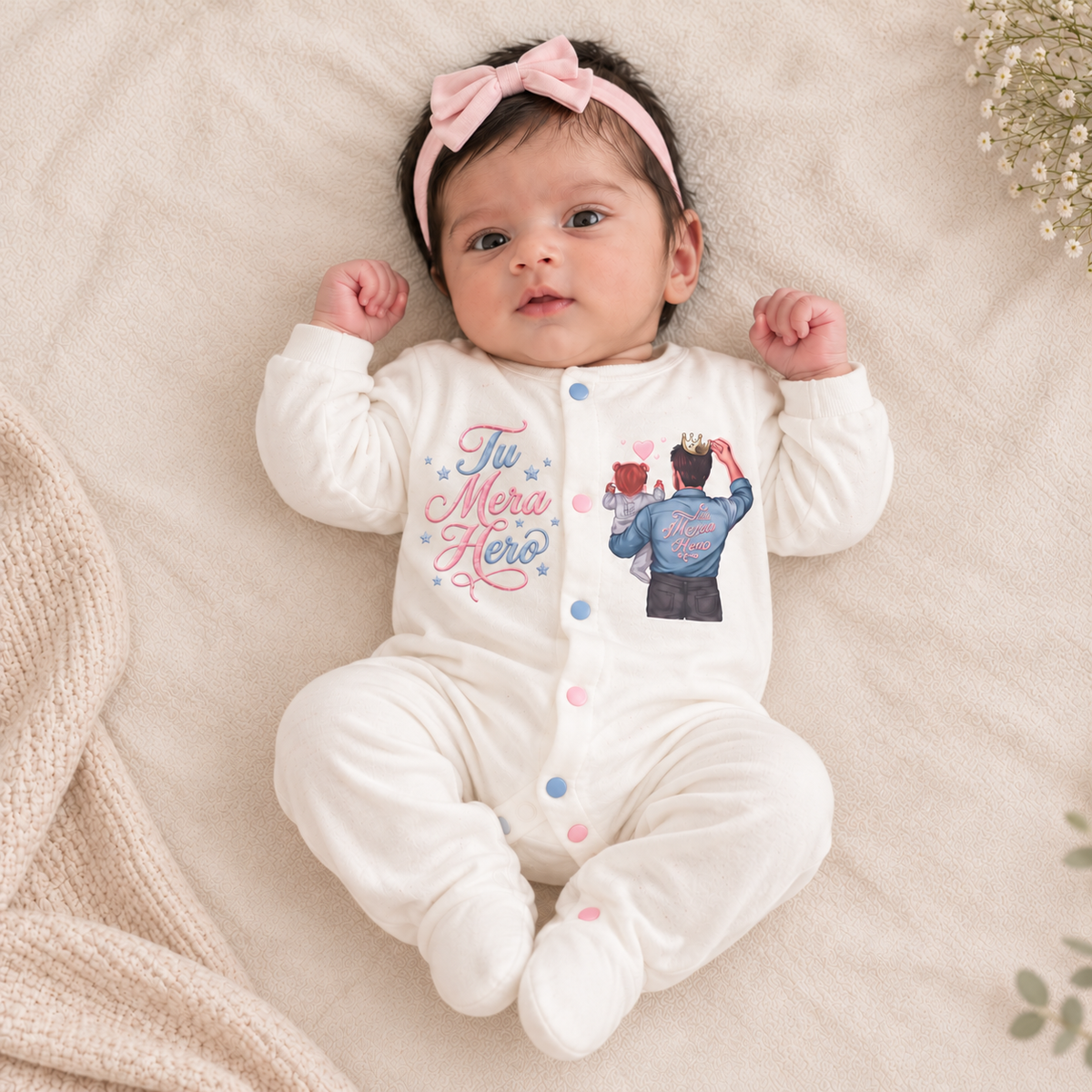 A baby lying on a soft beige blanket, wearing a white footed onesie with colorful button closures, a pink bow headband, and a printed graphic on the chest that reads 'Tu Mera Hero' with a cartoon character.