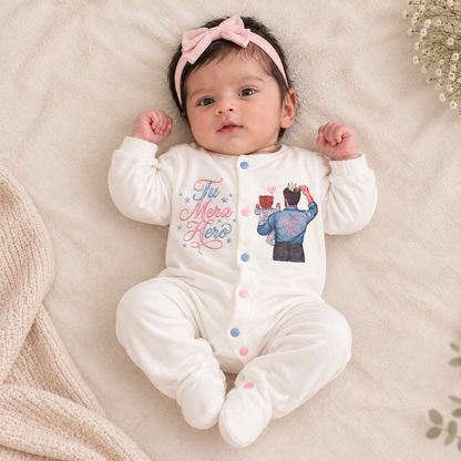 A baby lying on a soft beige blanket, wearing a white footed onesie with colorful button closures, a pink bow headband, and a printed graphic on the chest that reads 'Tu Mera Hero' with a cartoon character.