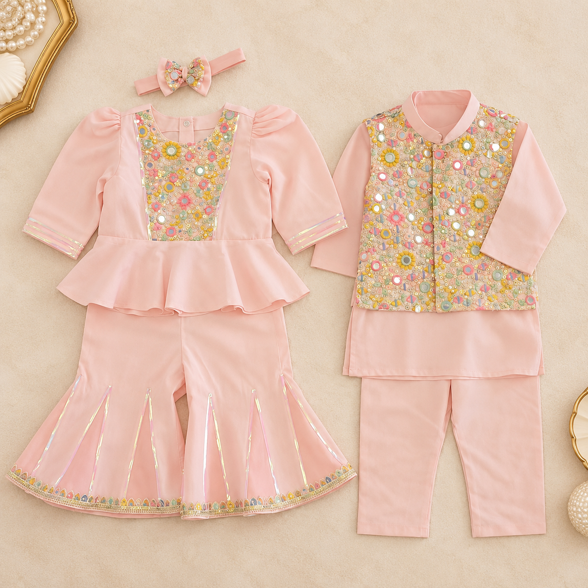 Peach Mirror Work Twinning Set