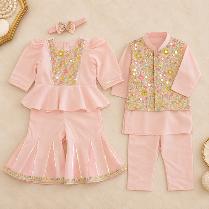 Peach Mirror Work Twinning Set