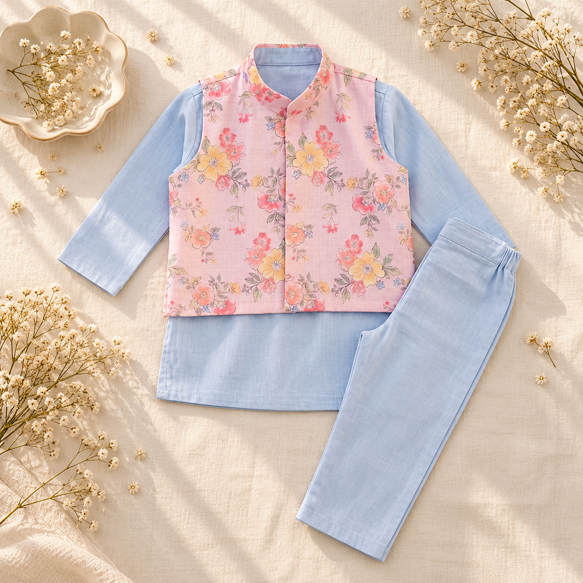 A children's two-piece outfit laid flat on a cream fabric background with dried flowers around it. The set includes a light blue long-sleeve shirt and matching light blue pants, with a pink sleeveless vest featuring a floral print over the front.