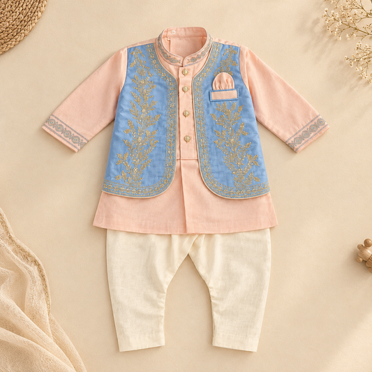 Peach Blue Embroidered Waistcoat Set