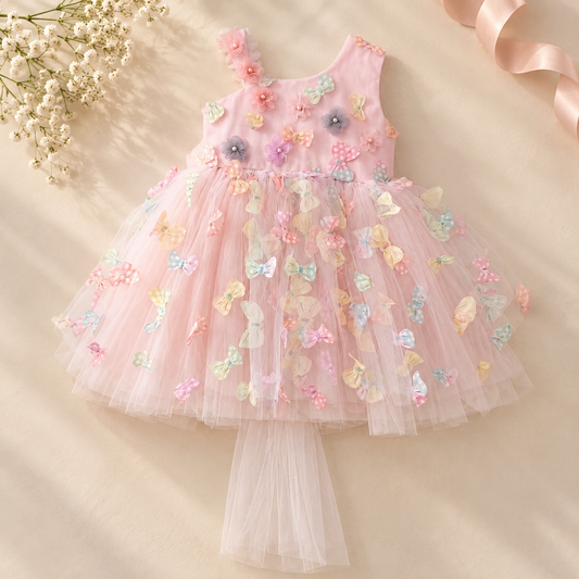 A sleeveless pink tulle dress for toddlers or girls, decorated with colorful 3D flowers, bows, and butterflies, laid flat on a beige background with decorative baby's breath and ribbon props.