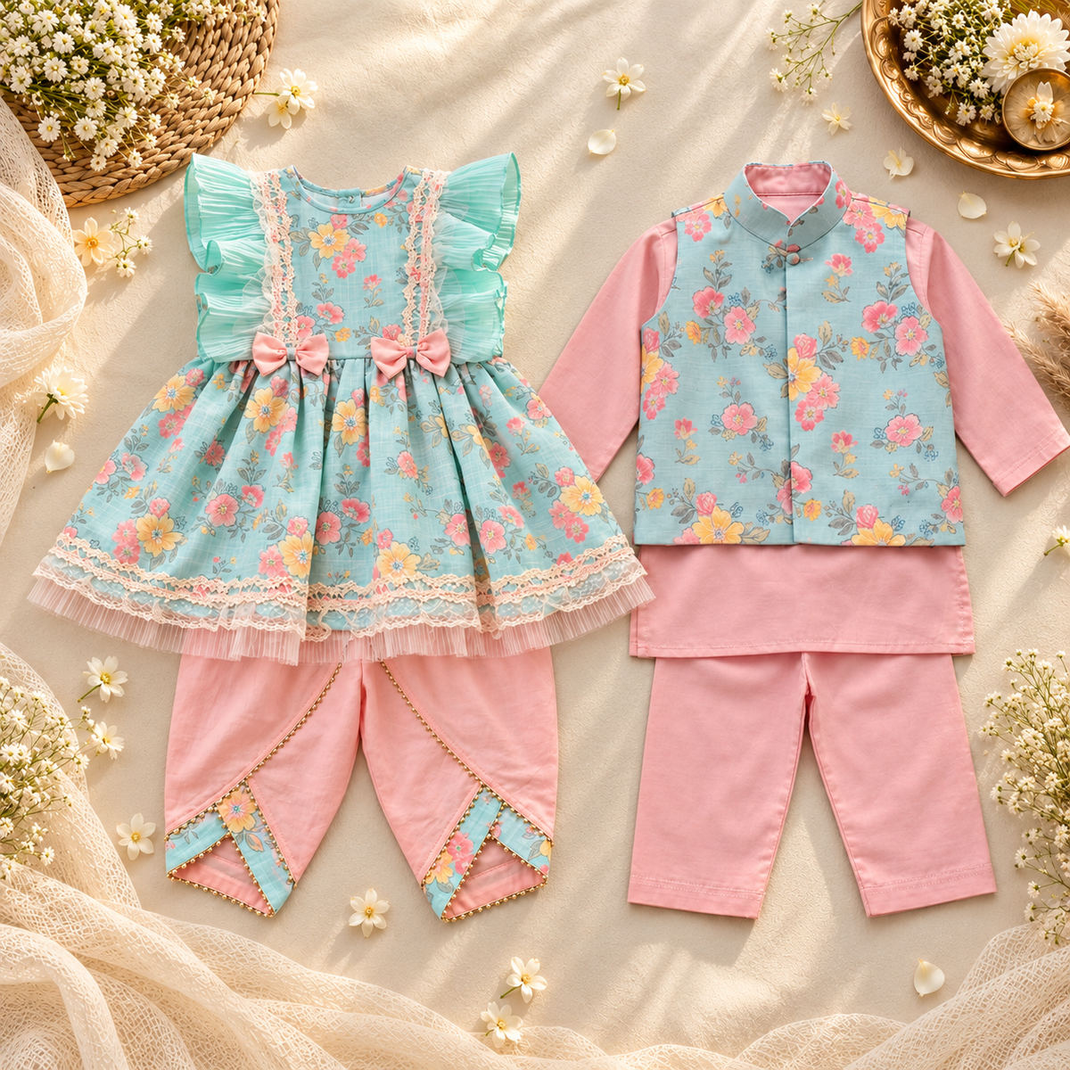 Two toddler ethnic clothing sets arranged on a cream fabric backdrop with floral props. One set is a sleeveless light blue floral top with ruffled trim and matching pink pants.