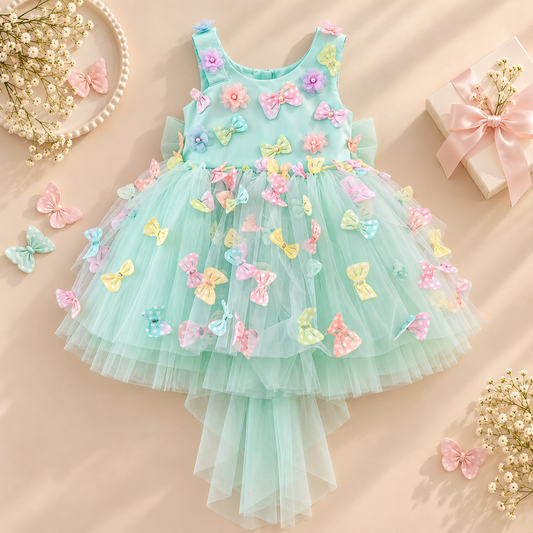 A toddler girl's sleeveless high-low tulle dress in mint green, decorated with colorful 3D bow and flower appliqués in pastel pink, yellow, blue, and purple. The dress is styled in a flat-lay composition on a beige background with decorative props including a pearl headband, scattered butterfly embellishments, and a gift box.