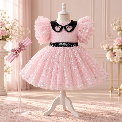 A pink children's party dress displayed on a white dress form in a softly decorated room. The dress has puffed short sleeves, a black Peter Pan collar with pink bows, a black sequined waistband, and a sparkly pink tulle skirt.