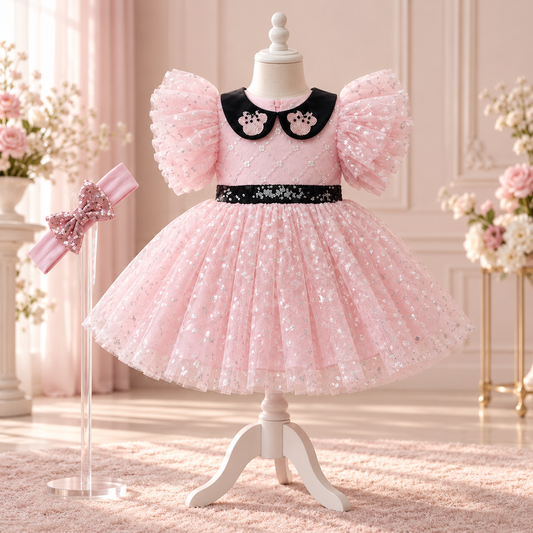 A pink children's party dress displayed on a white dress form in a softly decorated room. The dress has puffed short sleeves, a black Peter Pan collar with pink bows, a black sequined waistband, and a sparkly pink tulle skirt.