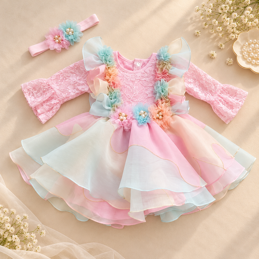 A baby girl's long-sleeve lace dress in pastel pink, light blue, and peach, decorated with fabric flowers and pearl accents, shown with a matching floral headband on a beige background with decorative flowers.