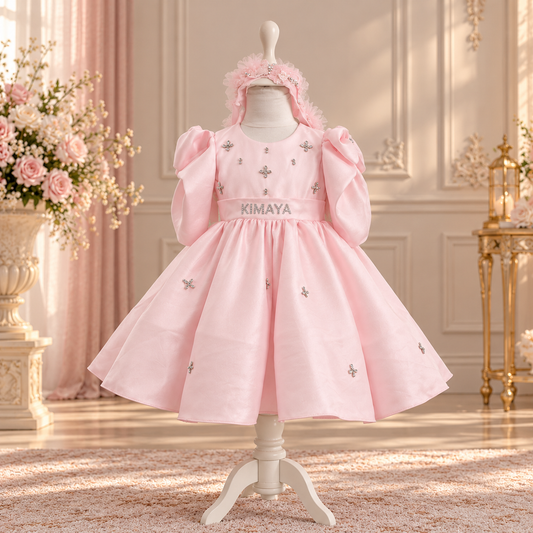 A pink toddler girl's dress displayed on a white mannequin stand in an elegant room. The dress has puffed sleeves, a matching pink headband with feathers, and silver embroidered details.