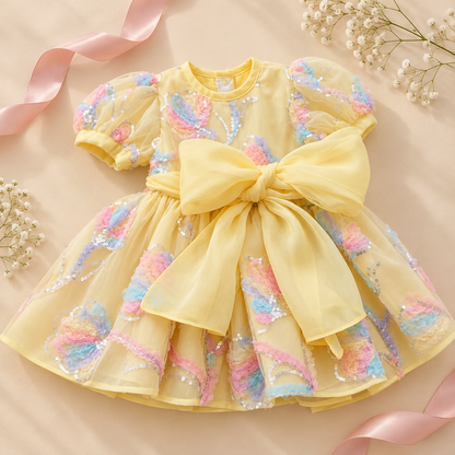 A baby girl's yellow tulle dress with colorful sequined butterfly patterns and a large matching bow at the waist, styled on a beige background with pink ribbons and baby's breath flowers.