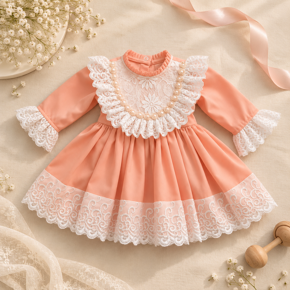 Peach Pearl Lace Frock