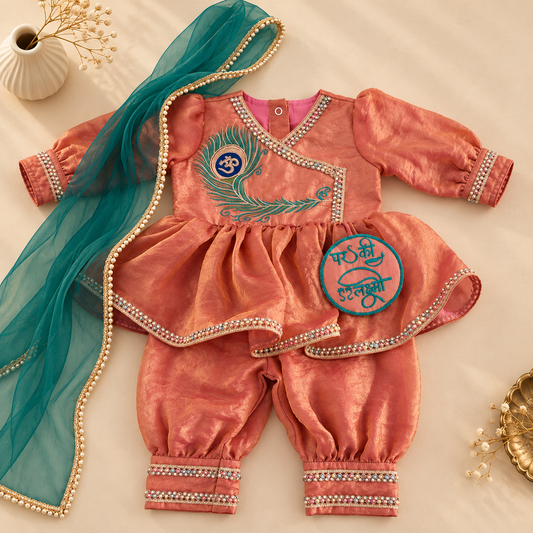 Peach Peacock Dhoti Set