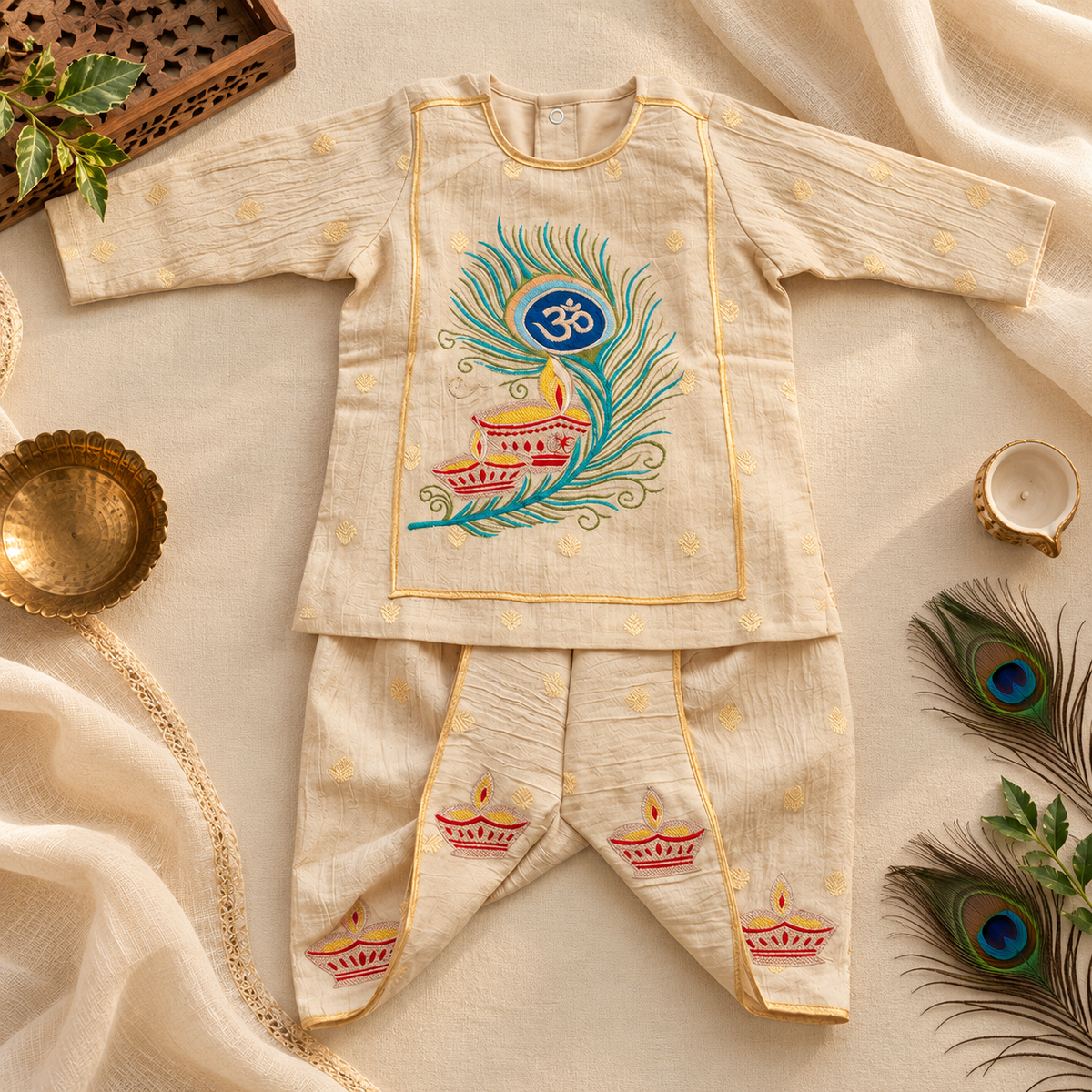 A baby two-piece outfit set consisting of a long-sleeve top and matching pants, made of cream-colored cotton fabric with gold foil dot patterns. The top features a large colorful embroidery of a peacock feather with a Diwali lamp and Om symbol.