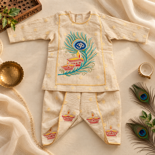 A baby two-piece outfit set consisting of a long-sleeve top and matching pants, made of cream-colored cotton fabric with gold foil dot patterns. The top features a large colorful embroidery of a peacock feather with a Diwali lamp and Om symbol.