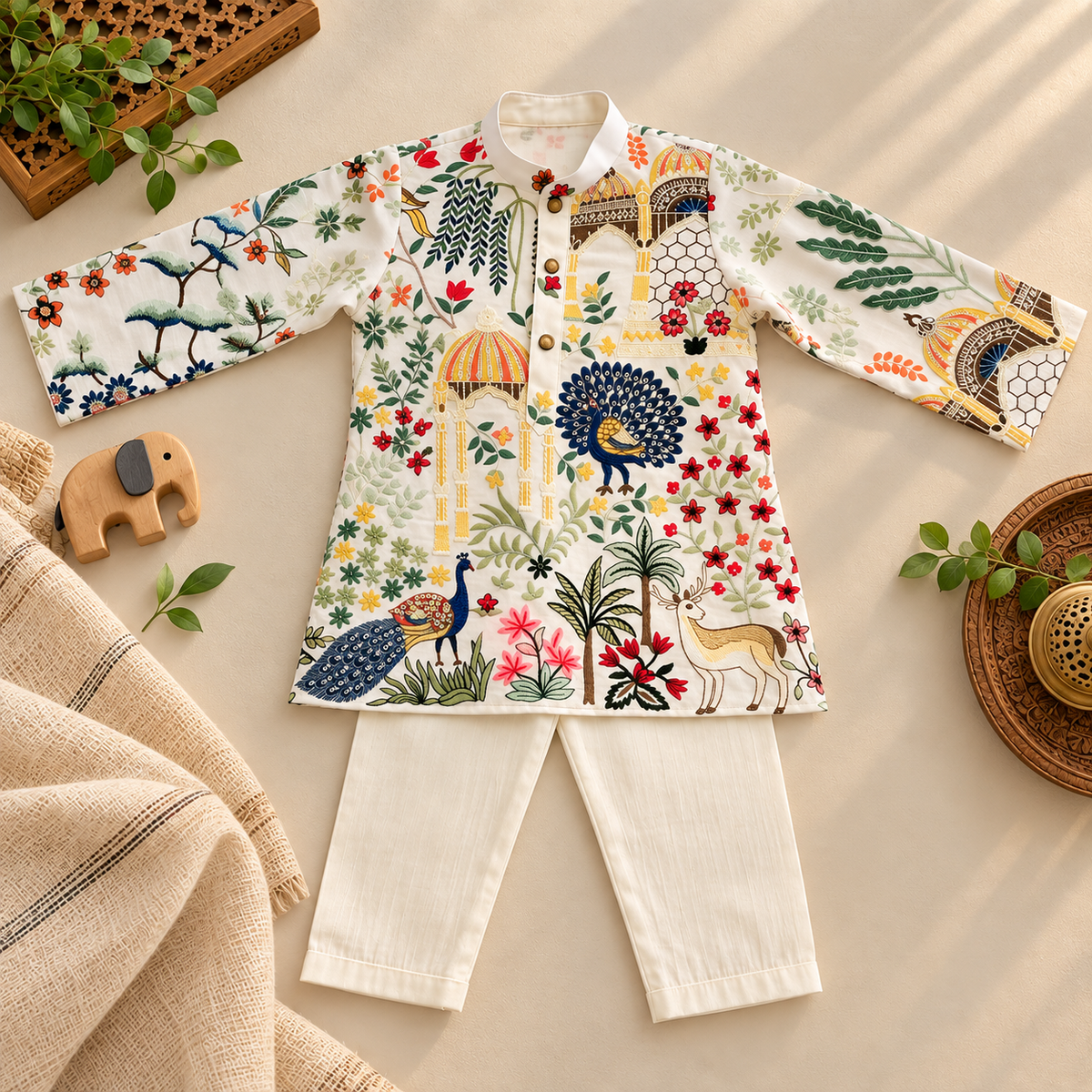 A children's printed outfit laid flat on a beige surface, featuring a long-sleeve cream shirt with colorful animal and floral motifs and matching cream pants. The scene is styled with small props including a woven tray, plant leaves, a wooden elephant, and a folded beige textile.