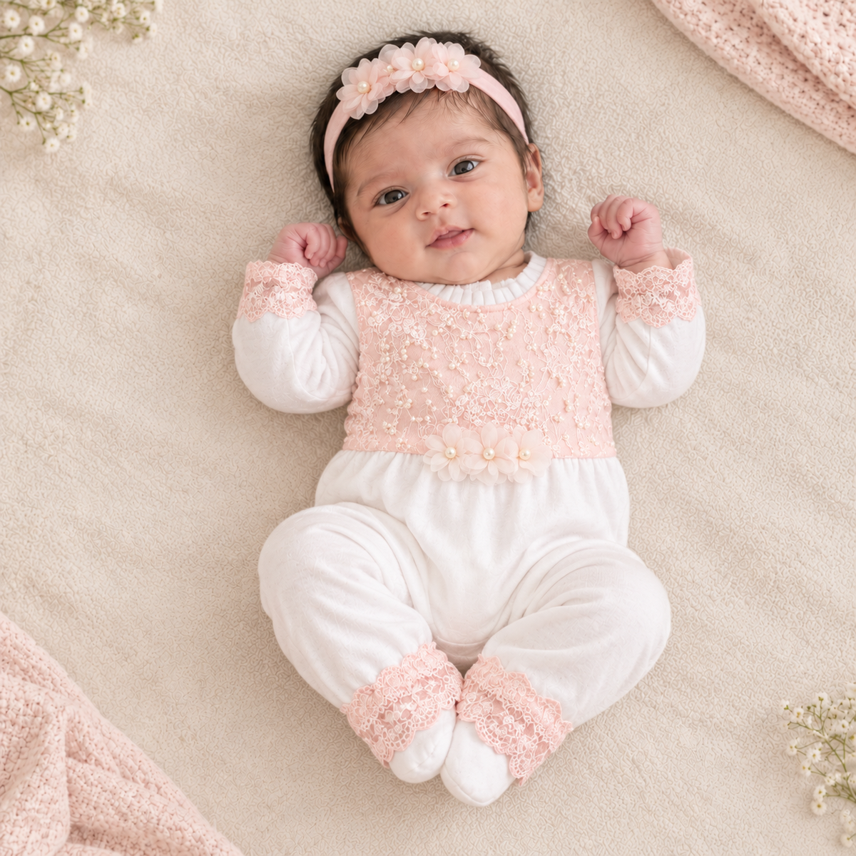 A baby lying on a soft beige blanket wearing a pink and white long-sleeve footed romper, matching pink flower headband, and pink booties. Decorative flowers and a pink knit blanket are arranged around the baby.