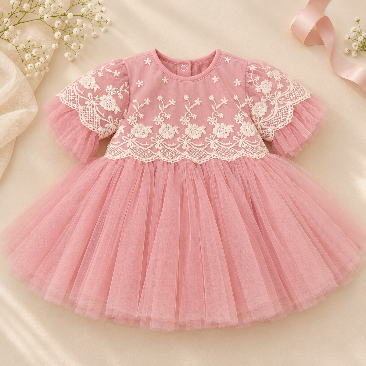 A pink toddler girl's dress with a tulle skirt and white floral lace applique on the bodice, styled flat-lay on a beige fabric background with baby's breath flowers and a pink ribbon.
