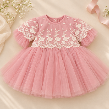 A pink toddler girl's dress with a tulle skirt and white floral lace applique on the bodice, styled flat-lay on a beige fabric background with baby's breath flowers and a pink ribbon.