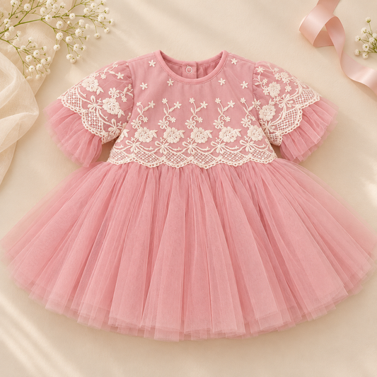 A pink toddler girl's dress with a tulle skirt and white floral lace applique on the bodice, styled flat-lay on a beige fabric background with baby's breath flowers and a pink ribbon.