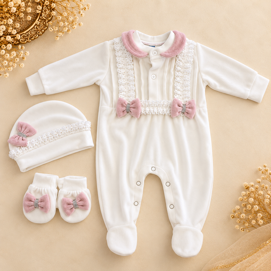 A baby outfit set laid flat on a warm beige background, including a white footed one-piece jumpsuit with pink velvet collar and bow details, a matching white bonnet with a pink bow and pearl trim, and a pair of white booties with matching bows. Decorative dried flowers and a gold tray are placed around the set.