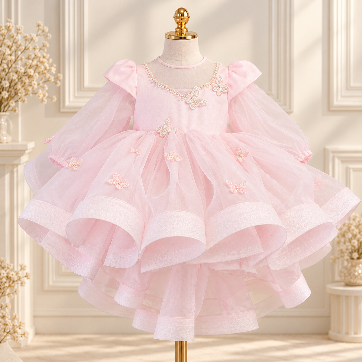 A pink toddler party dress displayed on a mannequin in a bright, elegant room. The dress features a layered tulle skirt with ruffled edges, puffy sleeves, and delicate embroidered butterfly and floral details.