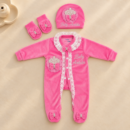 Pink Crown Lace Romper Set