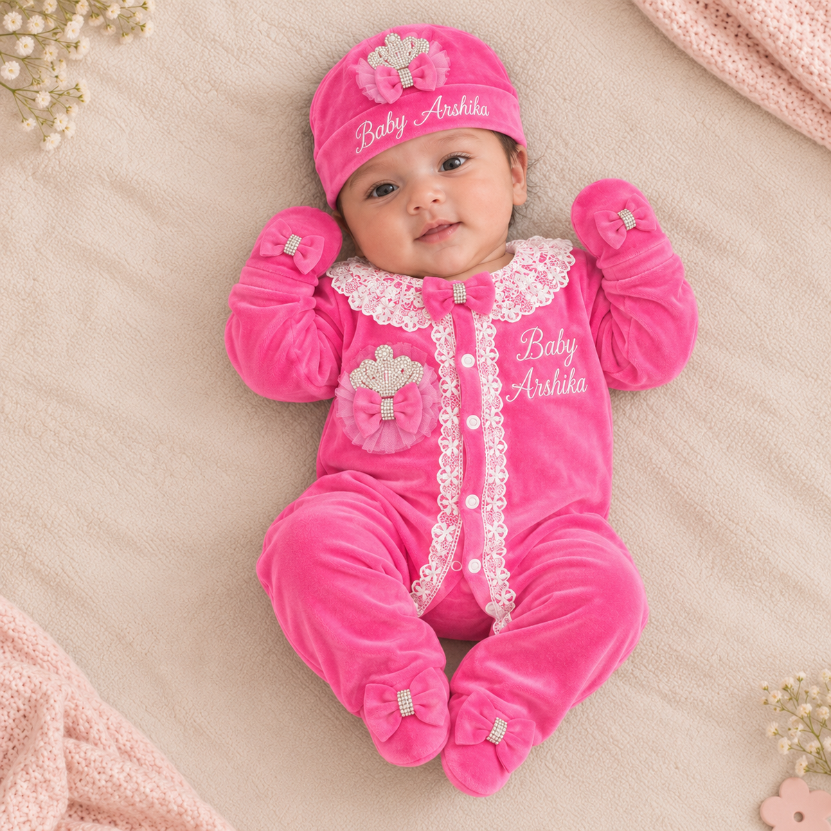Pink Crown Lace Romper Set
