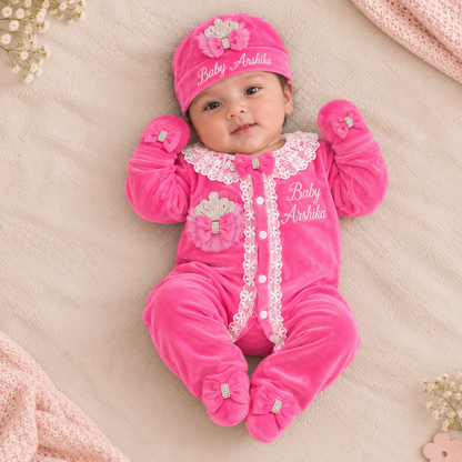 Pink Crown Lace Romper Set