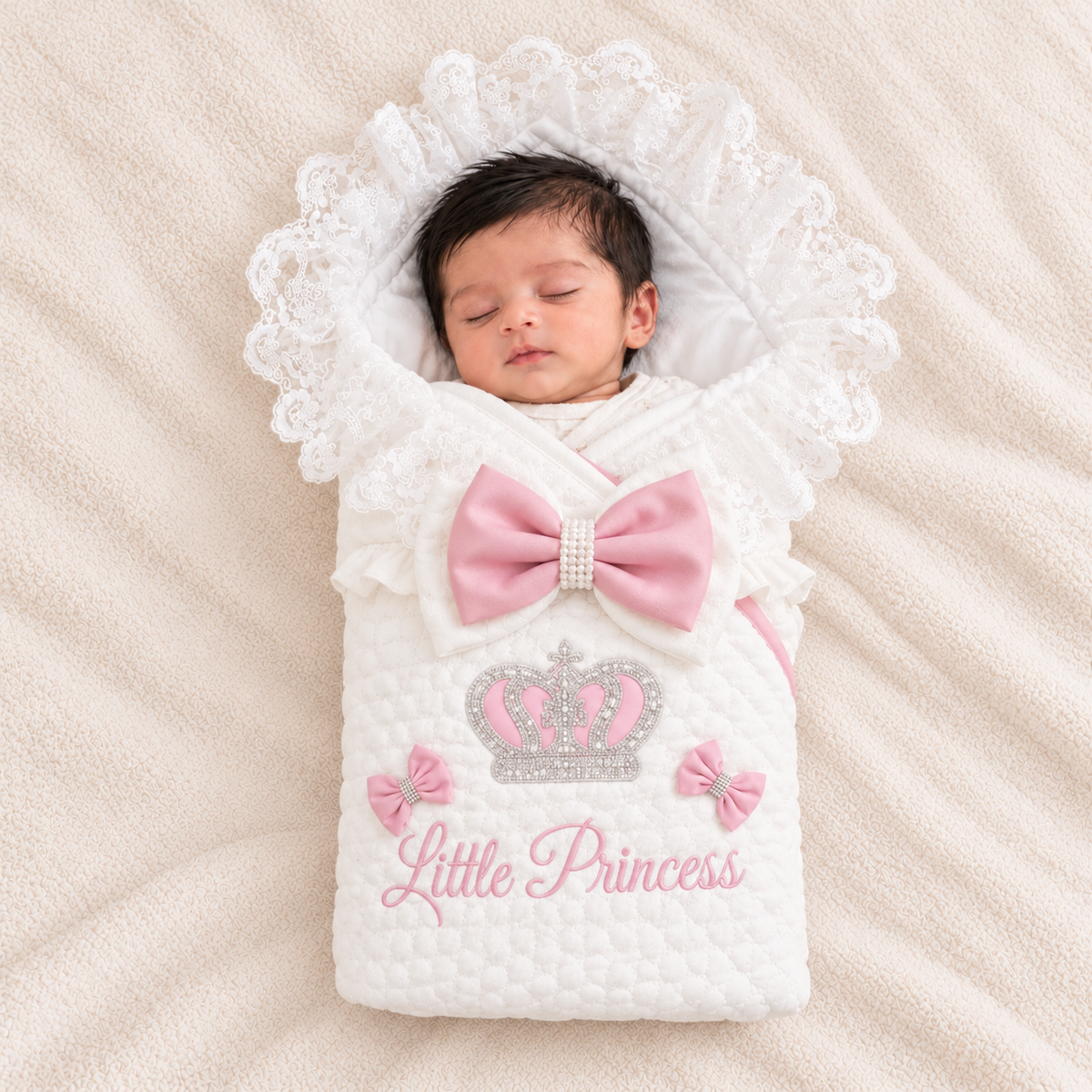 A sleeping newborn baby wrapped in a white quilted swaddle blanket with a large pink bow, lace trim, a silver crown design, and the words 'Little Princess' in pink script, laid on a soft cream blanket.