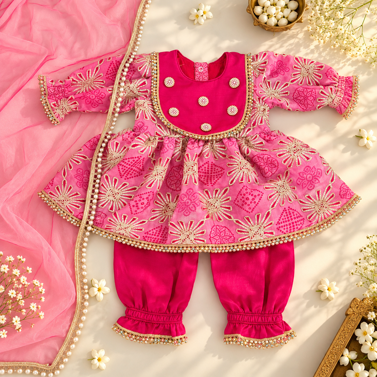 A baby girl's traditional Indian outfit laid flat on a light beige surface, featuring a bright pink embroidered kurta with a matching pink dupatta. The outfit has gold and silver metallic embroidery, a pink embroidered yoke with gold buttons, and matching pink pants with gold-trimmed ruffles.