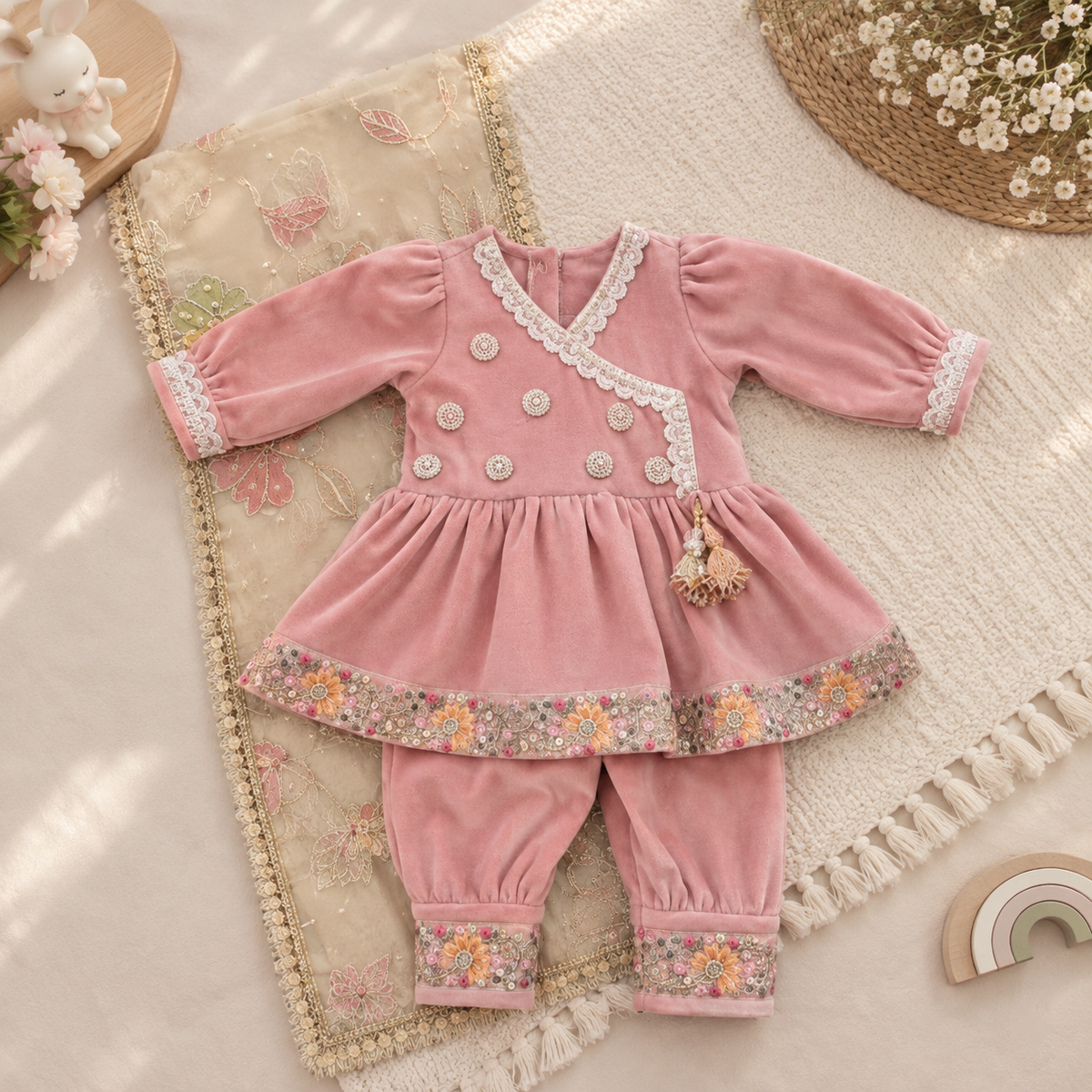 Pink Embroidered Baby Girl Ethnic Festive Outfit Set