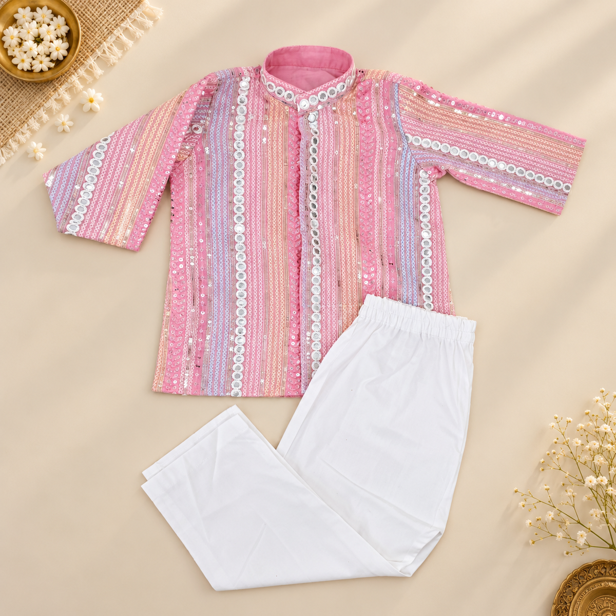 Pink Mirror Work Kurta Set