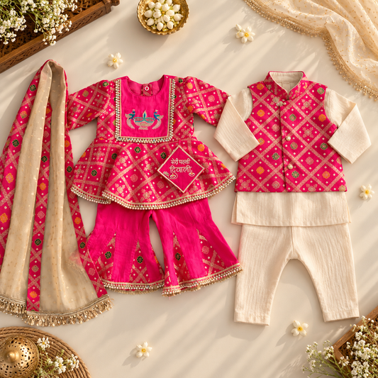 A styled flat-lay of a children's traditional outfit set on a cream fabric background with decorative flowers and accessories. The set includes a bright pink embroidered kurta with matching pants and a beige patterned dupatta, alongside a matching vest and cream pants.
