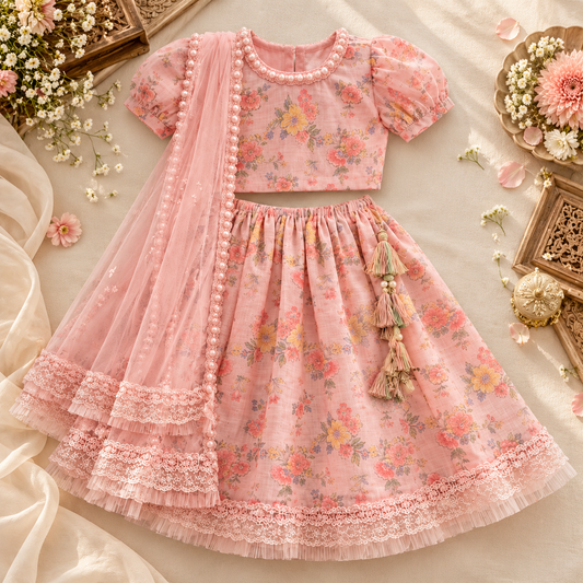 A pink floral traditional children's dress with a matching sheer dupatta, laid flat on a cream fabric background with decorative flowers and wooden accents around it. The dress has short puff sleeves, a floral print, lace trim, and tassel details.
