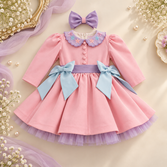 A baby girl's long-sleeve dress in soft pink with a lavender collar decorated with embroidered stars, a lavender waistband, and two light blue bows on the sides. It features a matching lavender bow headband.