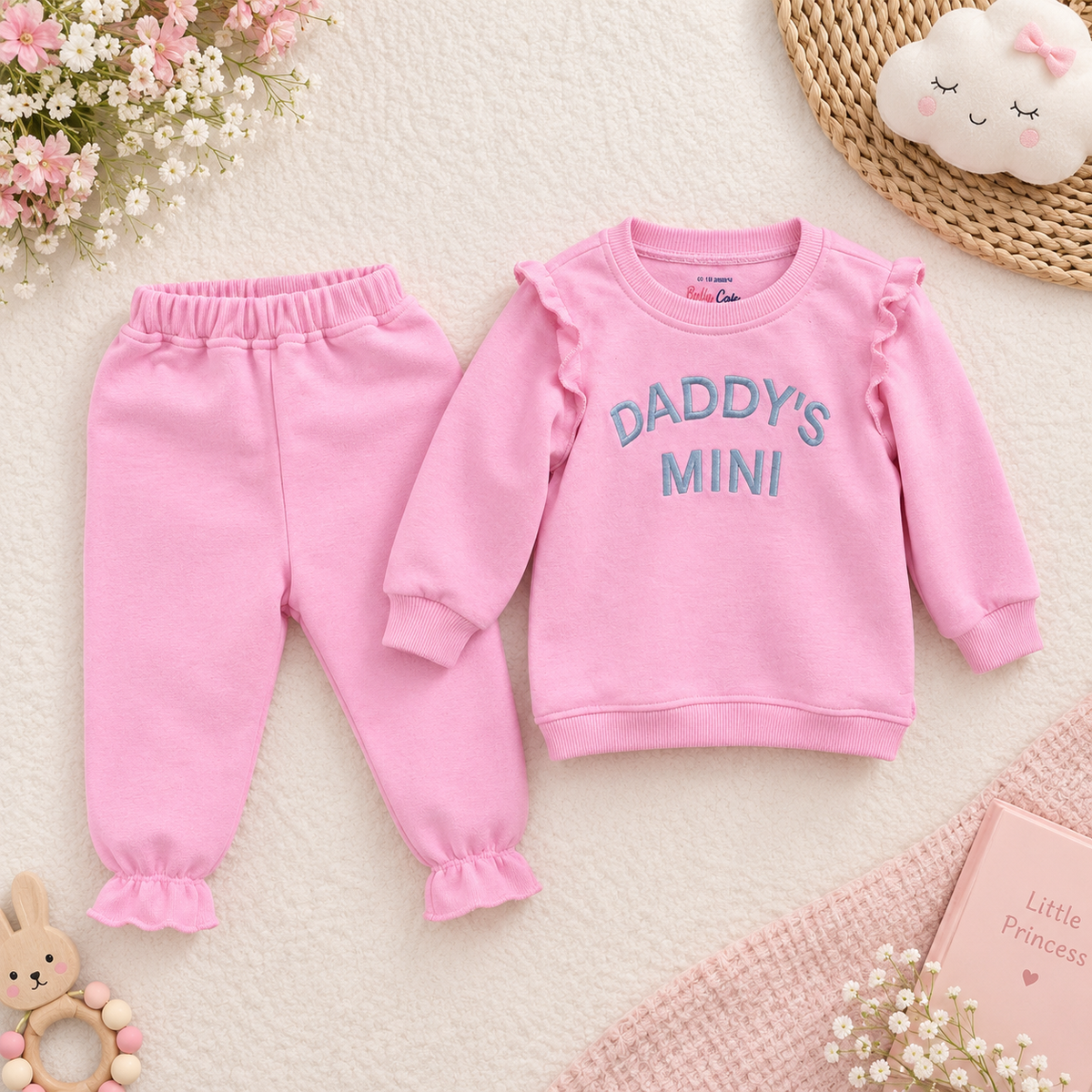 A baby girl's two-piece clothing set in light pink, featuring a long-sleeve sweatshirt with ruffle details and 'DADDY'S MINI' text, paired with matching sweatpants. The set is styled in a flat lay on a textured cream background with baby accessories.