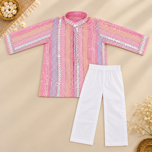 Pink Mirror Work Kurta Set