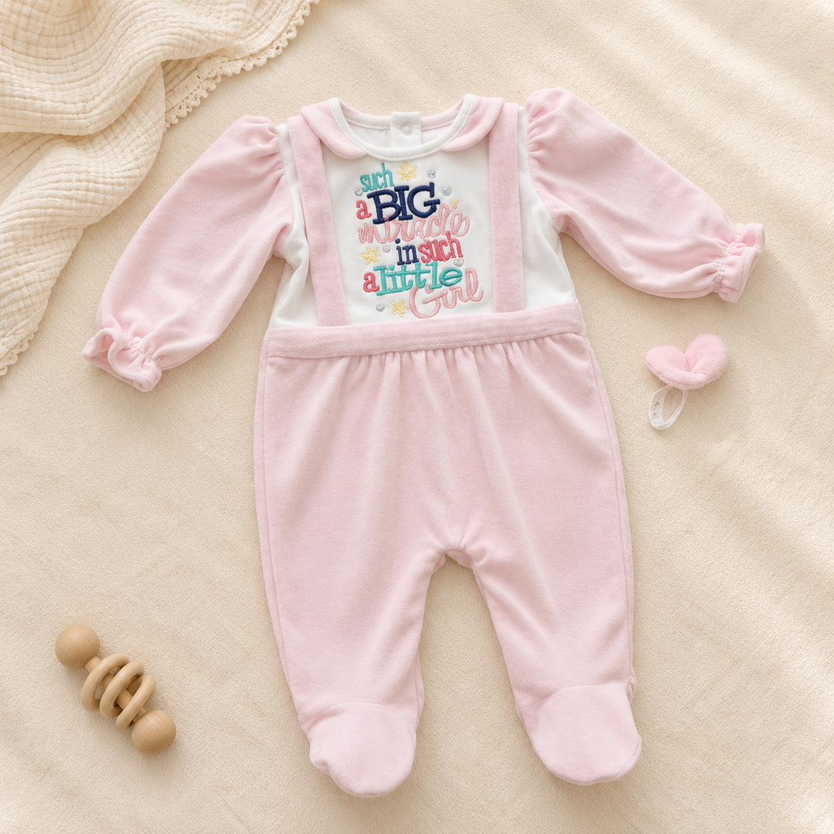 A baby footed one-piece jumpsuit in light pink velour, featuring a white chest panel with colorful text that reads 'so BIG she is so LOVE in so MUCH little girl' and pink puffy long sleeves. The jumpsuit is laid flat on a beige fabric background with a cream knit blanket, a wooden teether, and a small pink heart accessory nearby.