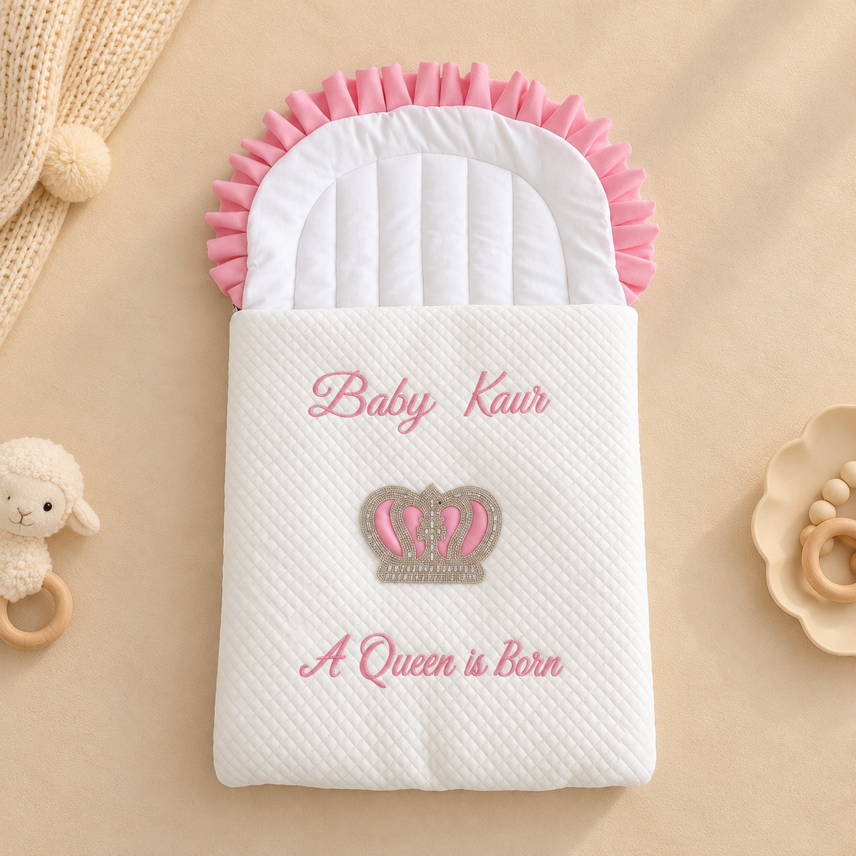 A personalized baby sleeping bag or pouch in white quilted fabric with pink ruffled trim, featuring the text 'Baby Kaur' and 'A Queen is Born' with a pink and gray crown design. The pouch is styled on a beige background with baby props including a plush sheep toy, a cream knit blanket, and a wooden teething tray.