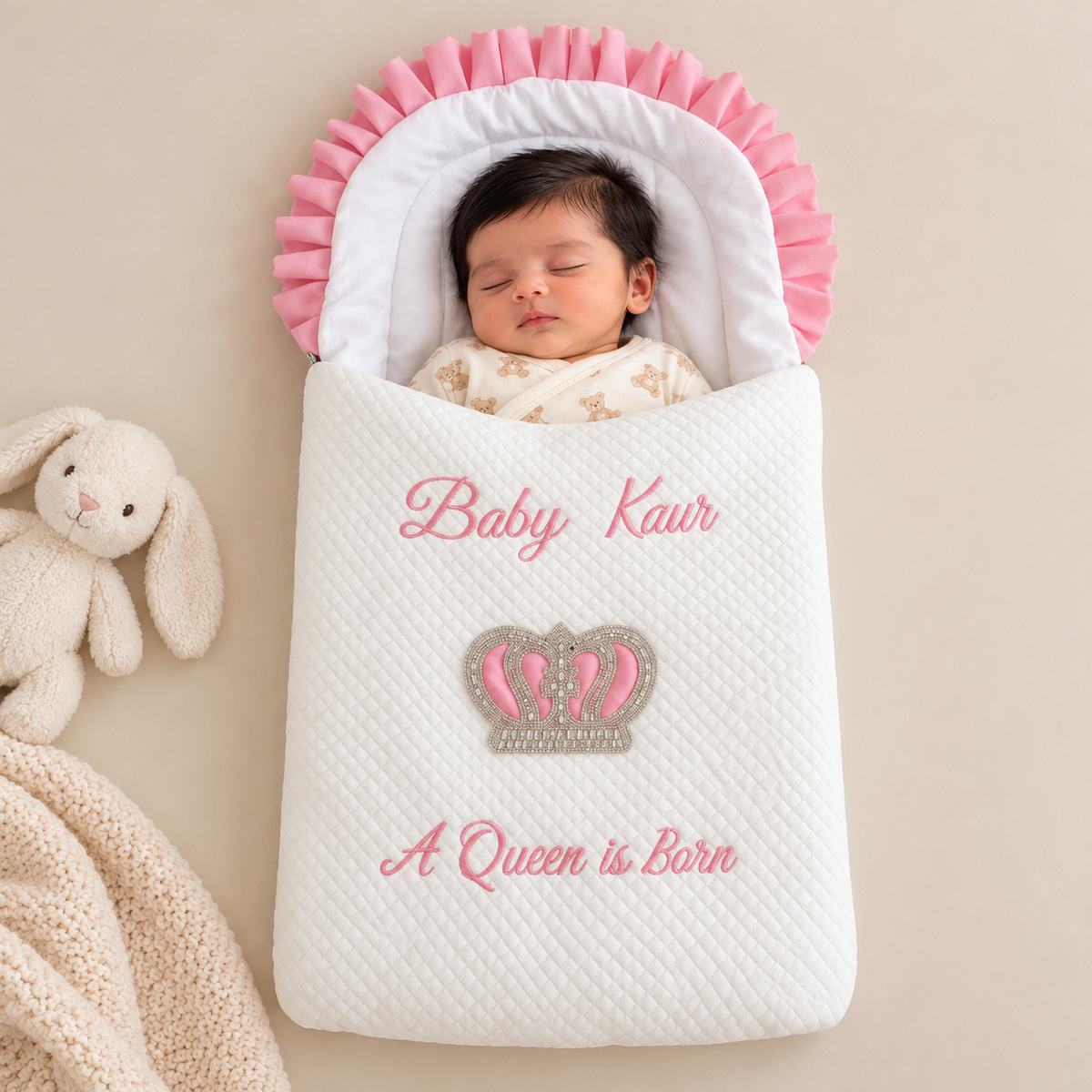 A sleeping newborn baby wrapped in a white quilted baby wrap blanket with pink ruffled trim, personalized with the name 'Baby Kaur' and a pink and silver crown design. A cream-colored plush bunny toy and a beige knit blanket are styled on a warm beige background.