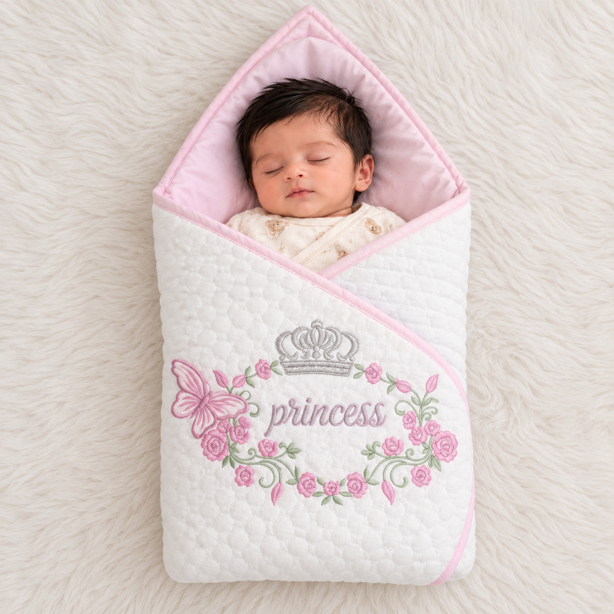 A sleeping newborn baby wrapped in a white quilted swaddle blanket with pink trim and embroidered 'princess' text, placed on a soft white faux fur surface. The swaddle features a pink hood, a butterfly, roses, and a silver crown design.