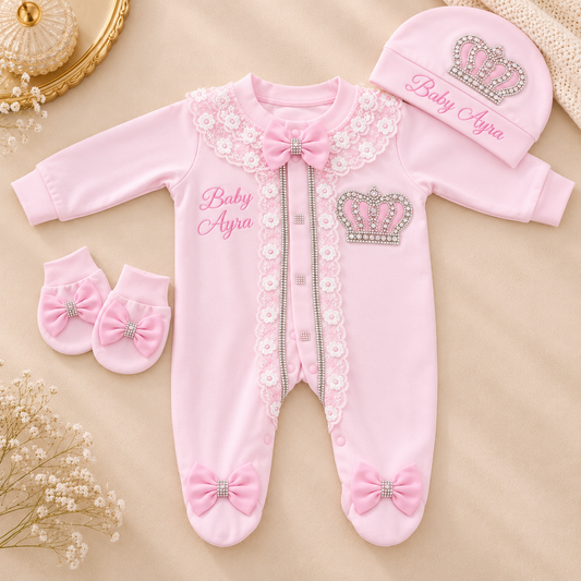 A pink baby footed sleeper set laid flat on a beige fabric background, including a long-sleeve sleeper with lace trim, bow, crown embellishment, and 'Baby Ayra' text, plus a matching beanie and booties. Decorative flowers and a gold tray edge are visible around the set.