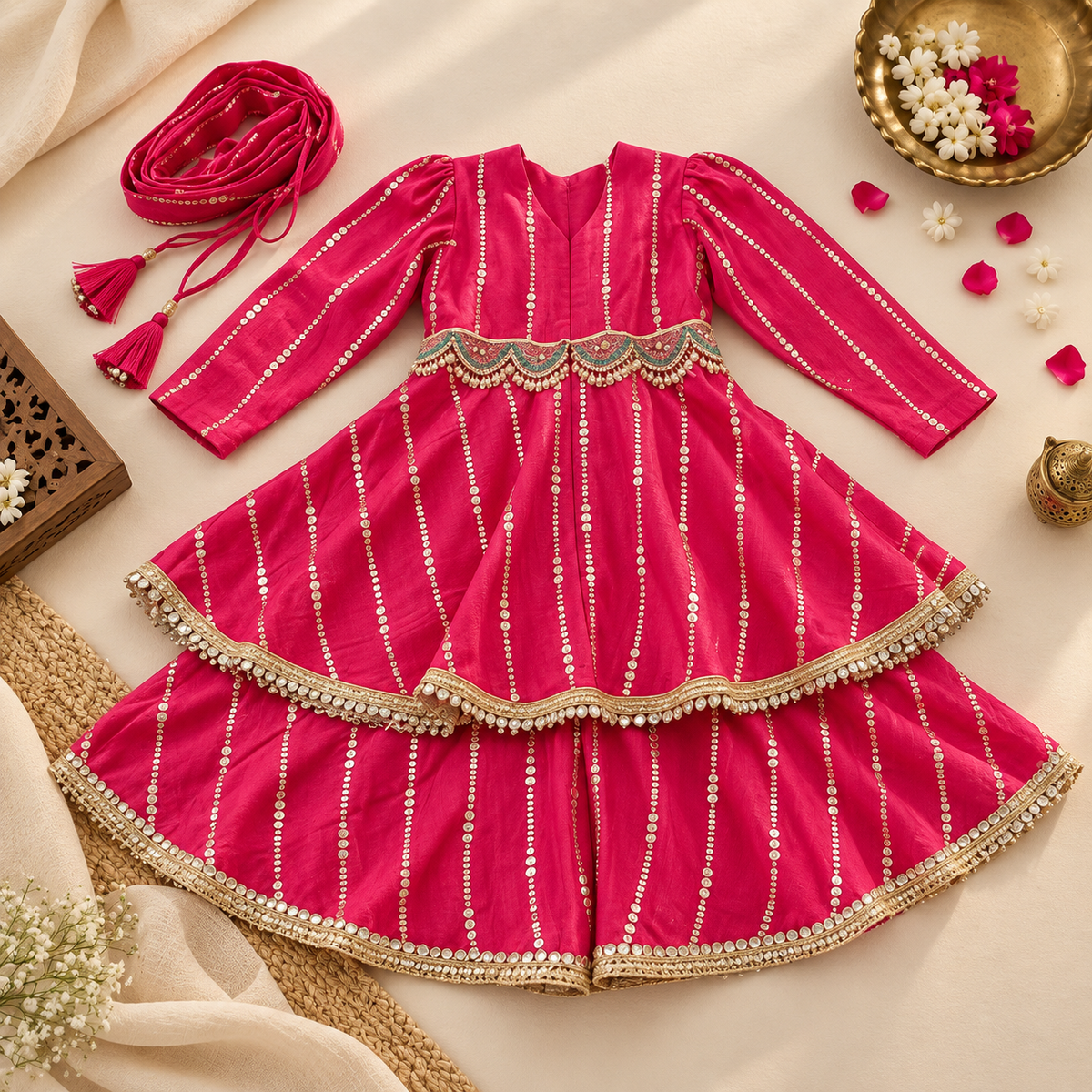 A bright pink traditional dress with gold bead and sequin vertical stripes, displayed in a styled flat-lay with a matching pink tassel belt, draped fabric, and decorative floral elements on a cream background.