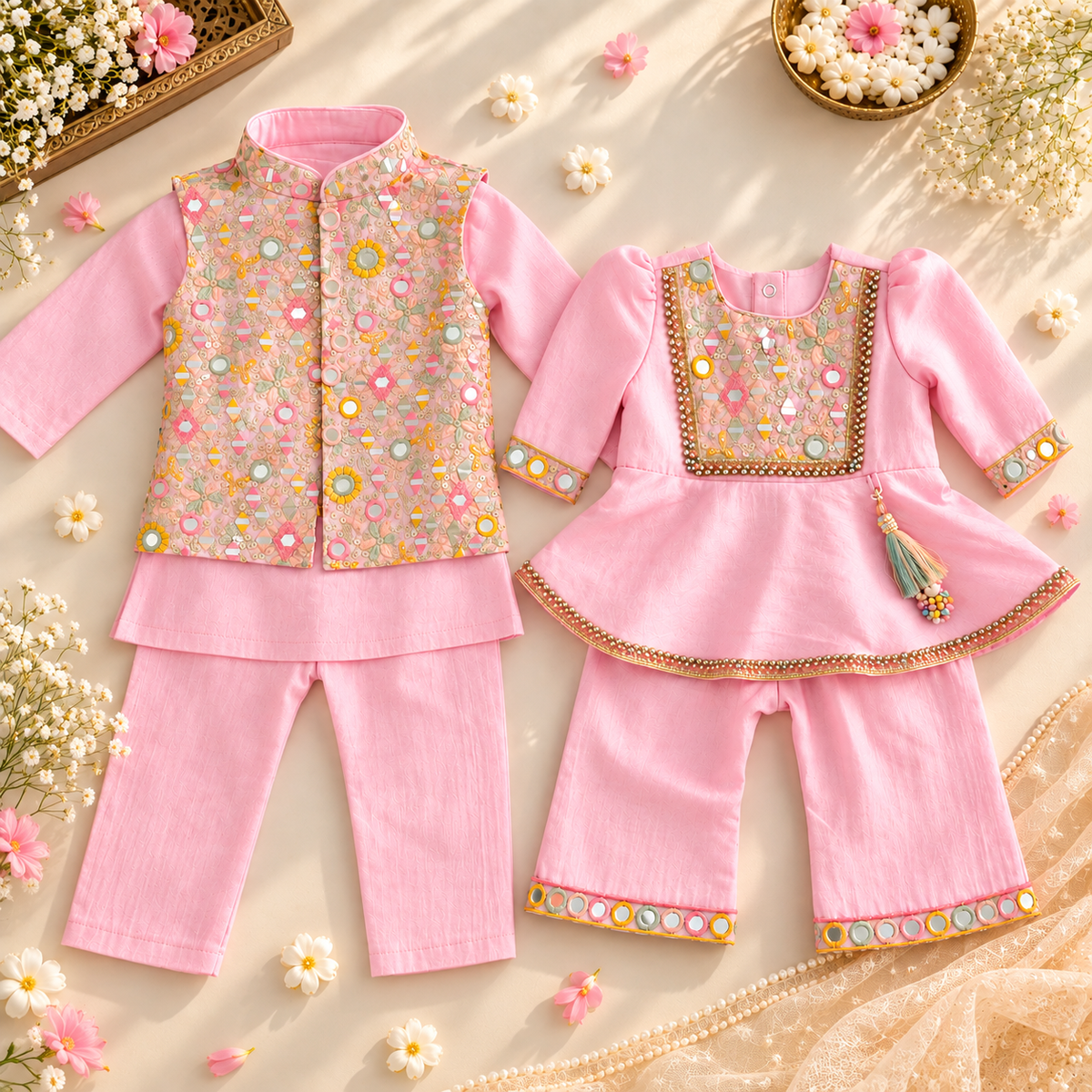 Two pink traditional children's outfits arranged on a light beige surface with decorative flowers and fabric. One outfit is a matching vest and pants set with floral embroidery and mirror work; the other is a long-sleeve top and pants set with embroidered yoke, tassel detail, and mirrored trim.
