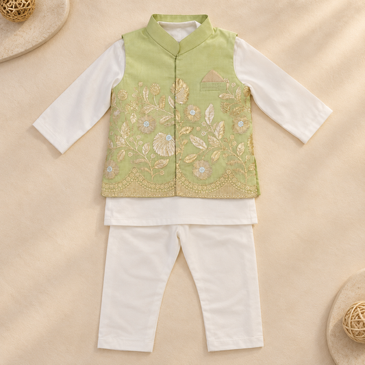 Pista Green Floral Waistcoat Set