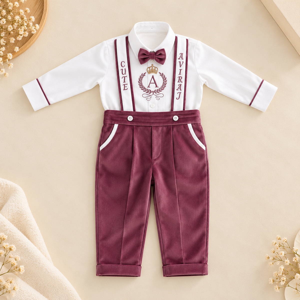 A baby boy's two-piece formal outfit set featuring a white long-sleeve shirt with burgundy trim, a matching burgundy bow tie, and pleated burgundy pants with white piping and suspenders. The shirt is personalized with the name 'AVRAJ' and 'CUTE A' with a crown monogram.