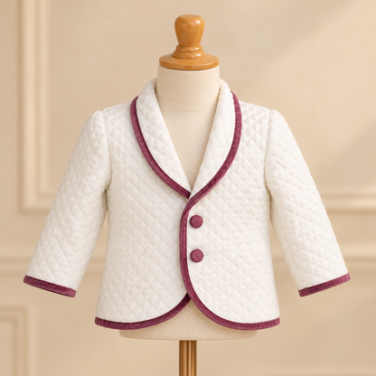 A white quilted baby jacket with burgundy trim and buttons, displayed on a cream-colored mannequin torso against a soft beige background.