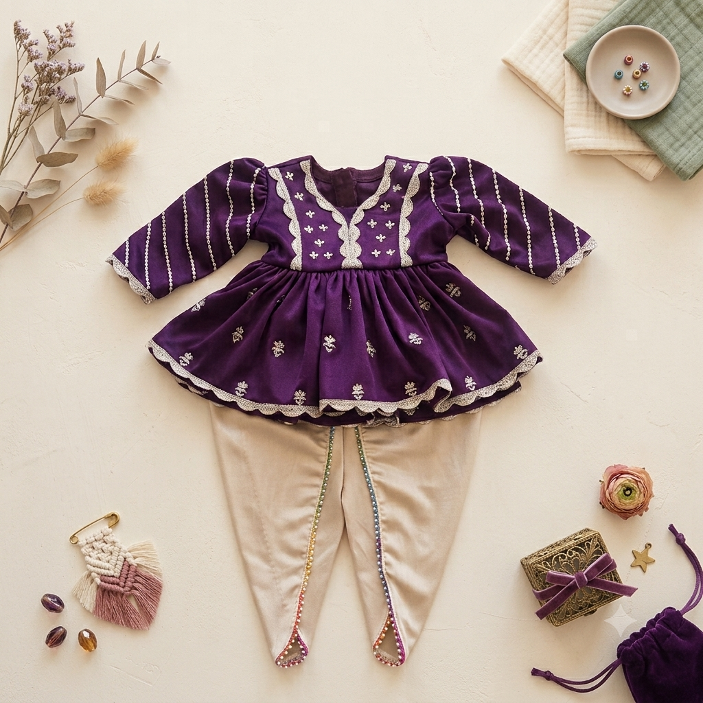A baby girl's traditional outfit set featuring a purple embroidered top with white lace trim and star patterns, paired with cream-colored pants with colorful embroidered tassels. The outfit is styled in a flat-lay arrangement on a light beige background with decorative props including dried flowers, a small gift box, and a teacup.