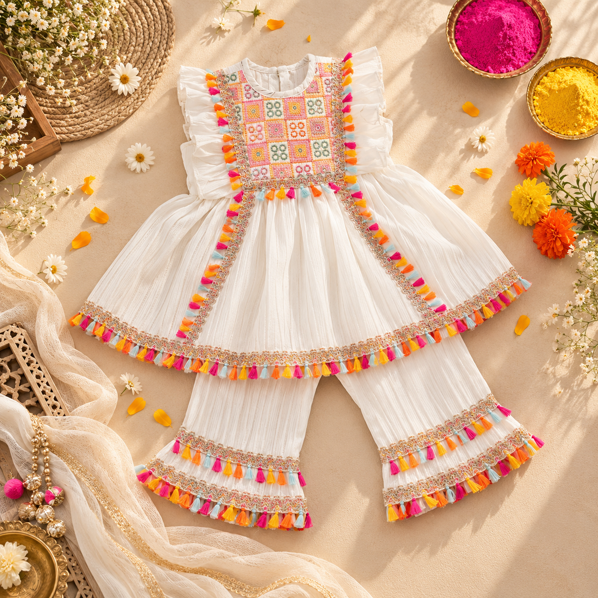 A white traditional outfit for a toddler girl, featuring a sleeveless top with a colorful geometric embroidered chest panel and bright pink, orange, and yellow tassels, paired with matching pleated pants with gold embroidery and tassel trim, styled in a flat lay with flowers and decorative props.