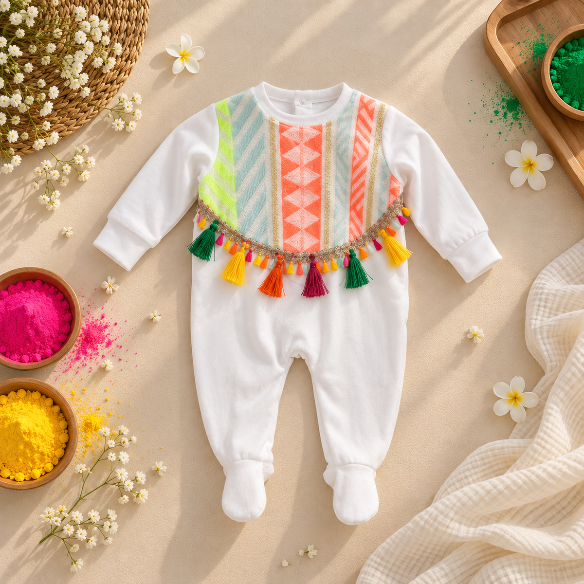A baby long-sleeve footed romper in white, decorated with a colorful geometric patterned chest panel and hanging tassels, styled in a flat lay with flowers, bowls of colored powder, and a woven mat.